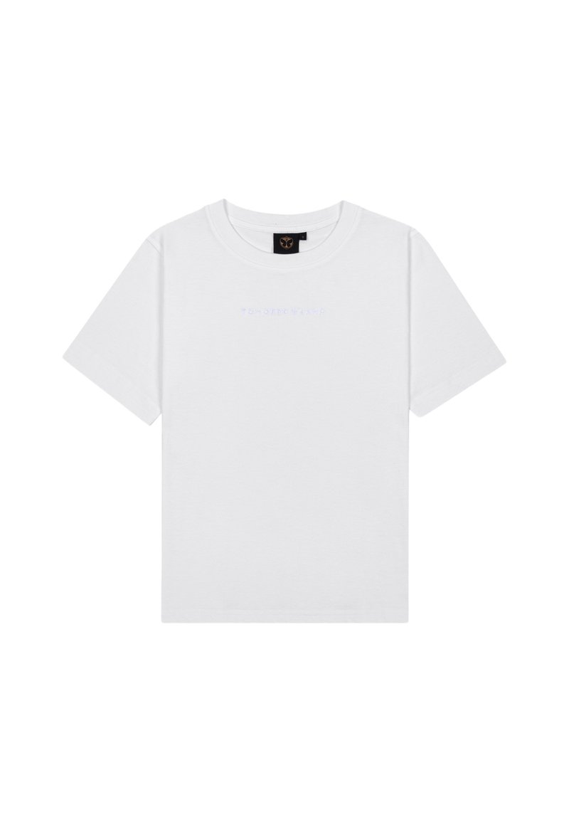 Witte katoenen t-shirt met een ronde halslijn, korte mouwen en subtiele lichtblauwe logotekst in het midden. Zachte textuur, standaard pasvorm.