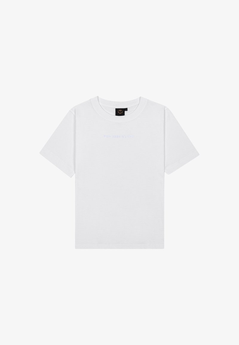 Witte katoenen t-shirt met een ronde halslijn, korte mouwen en subtiele lichtblauwe logotekst in het midden. Zachte textuur, standaard pasvorm.