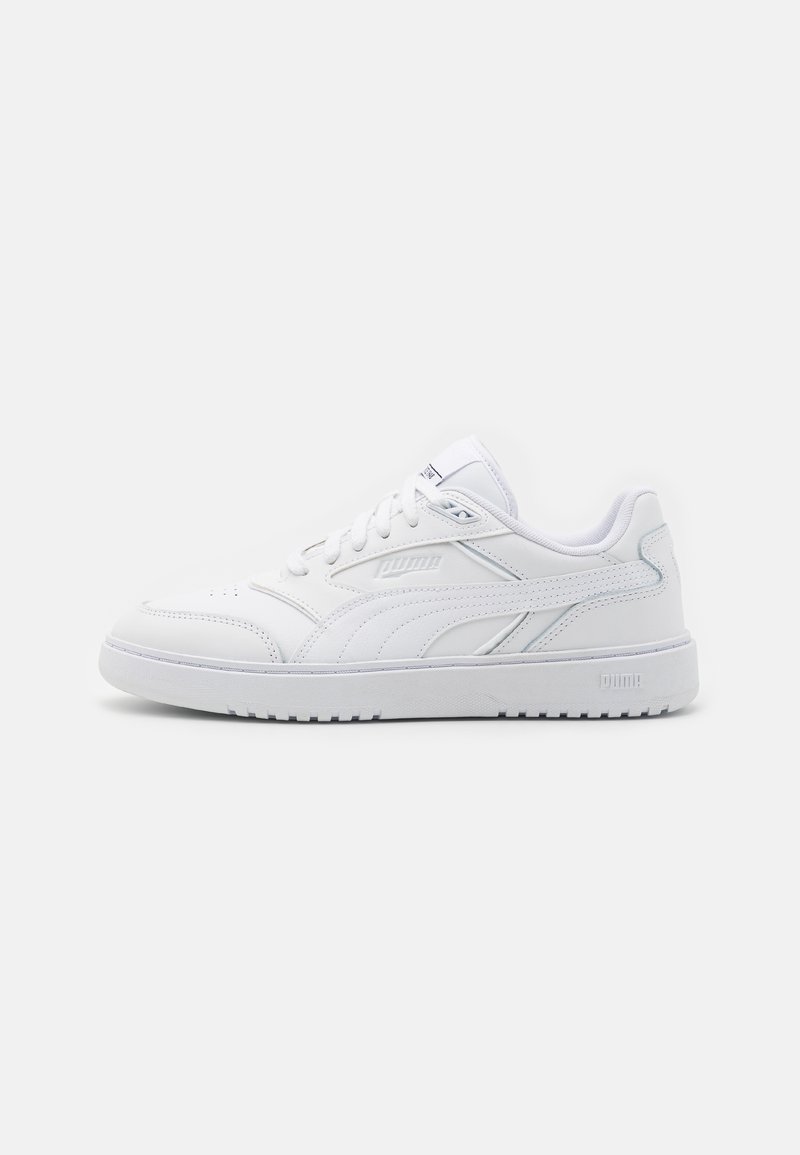 White athletic shoe made of smooth leather with perforated details, flat laces, cushioned collar, and a textured rubber sole.