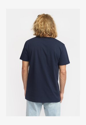 Navy blue cotton t-shirt with short sleeves and a crew neckline; smooth texture and relaxed fit, displayed from the back.