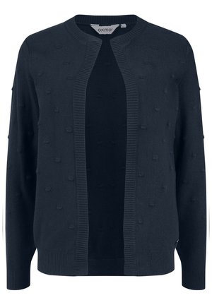 Cardigan bleu marine foncé avec un col rond, une ouverture à l'avant, un motif en boules texturé, et des poignets et un ourlet côtelés. Fait en matériau tricoté doux.