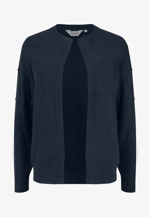 Dark navy cardigan with a round neck, open front, textured bobble pattern, and ribbed cuffs and hem. Made from a soft knit material.