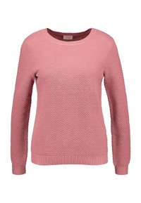Maglione lavorato a maglia di un delicato rosa, con scollatura rotonda, maniche lunghe, motivo texture e finiture a coste sulle estremità.