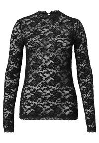 Svart spets blus med långa ärmar som har blommönster, hög halsringning och en åtsittande form. Mjuk, semi-transparent textur med delikata detaljer.