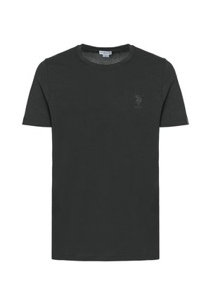 T-shirt in cotone nero con scollo rotondo e maniche corte. Presenta un piccolo logo in rilievo sul lato sinistro del petto. Design semplice, vestibilità regolare.