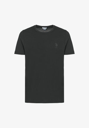 T-shirt in cotone nero con scollo rotondo e maniche corte. Presenta un piccolo logo in rilievo sul lato sinistro del petto. Design semplice, vestibilità regolare.