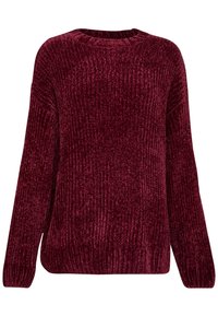 Vínový žebrovaný pletený svetr s dlouhými rukávy, kulatým výstřihem a volným střihem. Měkká textura s jemným leskem.