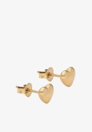 Paar kleine goldene Ohrstecker in Herzform mit Steckverschluss auf weißem Hintergrund.