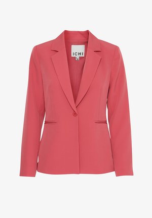 Koralā zīvis ar sakostu apkakli, vienu pogu, divām priekšējām kabatām un gludu tekstūru. Uz etiķetes rakstīts "ICHI."