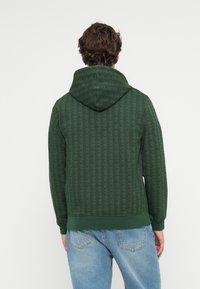 Hanorac verde cu un model geometric texturat, glugă ajustabilă și manșete și tiv din material ribatabil, asortat cu blugi de culoare albastru deschis.