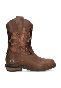 Bruine leren cowboylaars met stervormige uitsparingen en een glanzend bruin paneel. Heeft een gestructureerd bovenwerk, een blauwe accent bij de hak en een gestapelde hak.