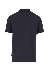 Marineblauwe polo met korte mouwen, van achteren weergegeven, met een geribbelde kraag en een klein zwart zijlabel.