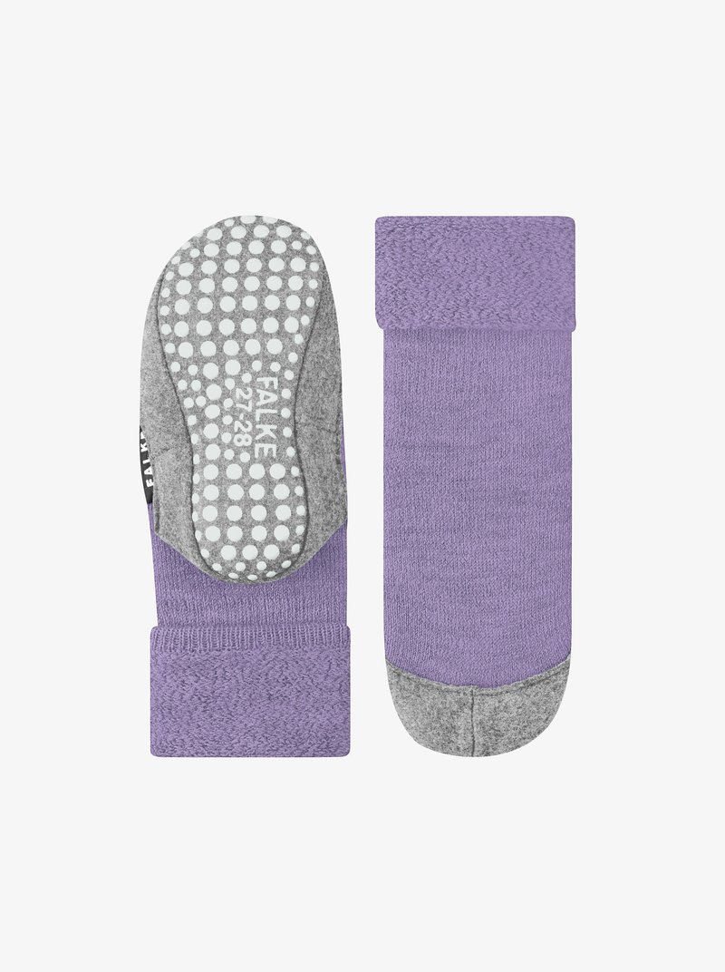 Calzini viola con soletta grigia testurizzata, caratterizzati da pois bianchi per la presa. Cuffia lunga in maglia nella parte superiore e tessuto contrastante sul tallone.