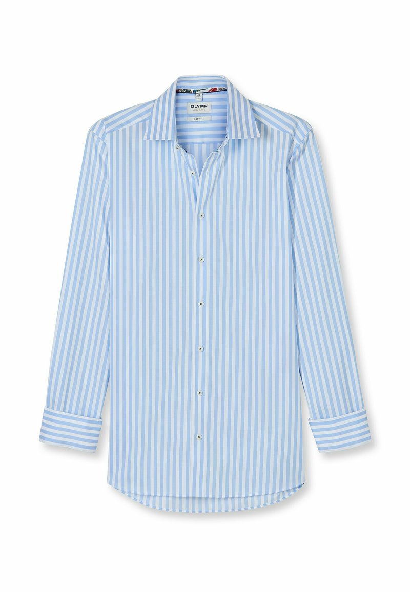 Helles blaues Hemd mit durchgehenden weißen Streifen, langen Ärmeln mit geknöpften Manschetten und abgerundetem Saum. Hergestellt aus glattem Baumwollstoff.