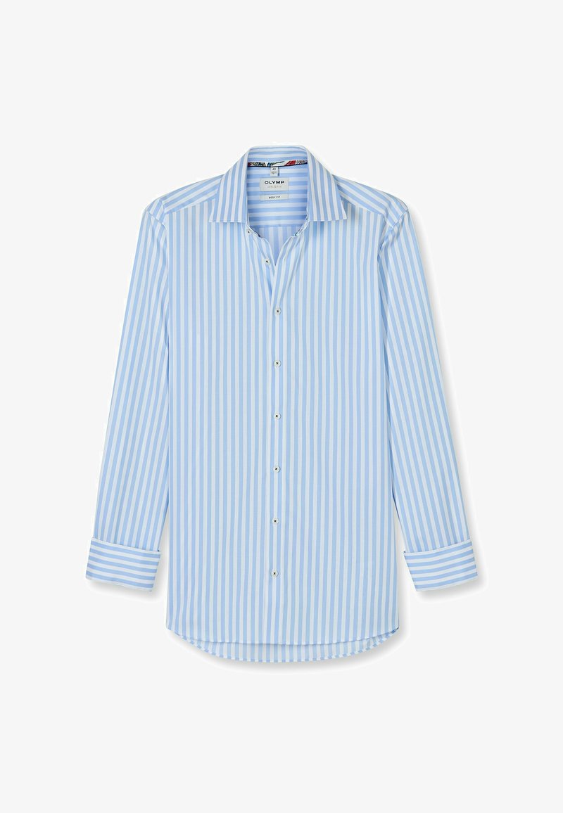 Helles blaues Hemd mit durchgehenden weißen Streifen, langen Ärmeln mit geknöpften Manschetten und abgerundetem Saum. Hergestellt aus glattem Baumwollstoff.