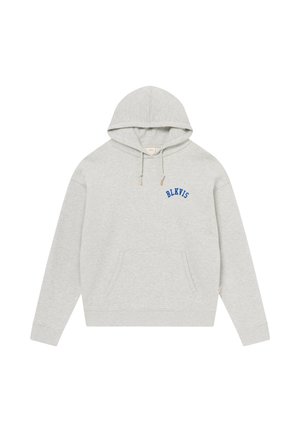 Lysegrå hettegenser med front kangurulomme og blå "BLKVIS" tekst på venstre bryst.