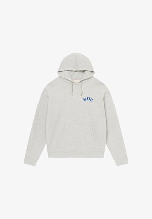 Lysegrå hettegenser med front kangurulomme og blå "BLKVIS" tekst på venstre bryst.