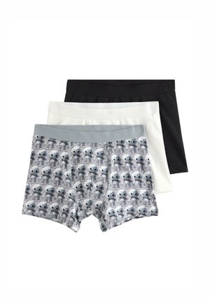 Kolme paria bokserishortseja päällekkäin, musta, valkoinen ja harmaa. Etummainen pari on harmaalla vyötärönauhalla ja siinä on toistuva robottinaamio kuvio.