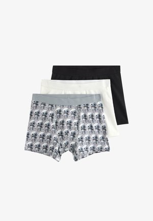 Tre par boksershorts stablet, sort, hvid og grå med mønster af gentagne robotansigter på det forreste par med gråt taljebånd.