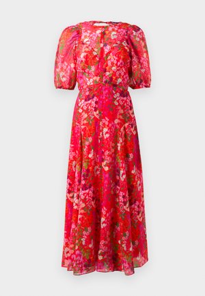 Rotes Blumen-Midi-Kleid mit plüschigen Kurzarm, tailliertem Schnitt und fließendem Rock auf weißem Hintergrund.