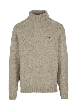 Beige gestrickter Pullover mit hohem Kragen, der ein gesprenkeltes Design mit dunkleren Farbnuancen aufweist. Lange Ärmel und gerippte Bündchen und Saum.