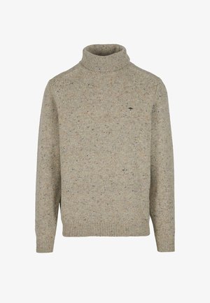 Beige gestrickter Pullover mit hohem Kragen, der ein gesprenkeltes Design mit dunkleren Farbnuancen aufweist. Lange Ärmel und gerippte Bündchen und Saum.