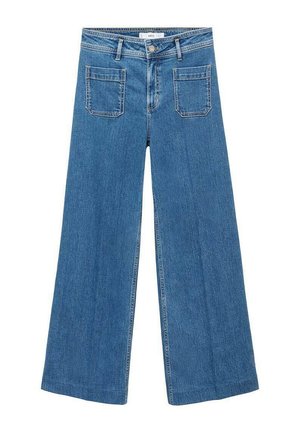 Light blue wide-leg jeans made of denim. Features two front pockets and two back pockets with visible stitching and a button closure.