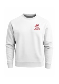 White sweatshirt made of cotton blend, featuring red embroidered cat logo and text "NEVERLESS" on the left chest. Classic crewneck and ribbed cuffs.