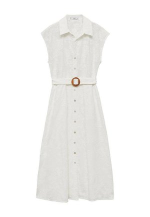 White button-up dress with short cap sleeves, textured floral fabric, a belted waist featuring a round wooden buckle, knee-length.