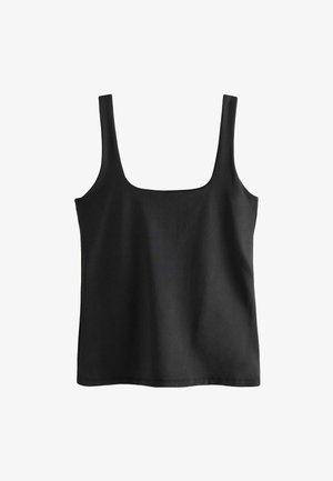 Svart ärmlös linne i mjukt tyg, med fyrkantig halsringning och rak nederkant. Enkel design utan mönster eller detaljer.