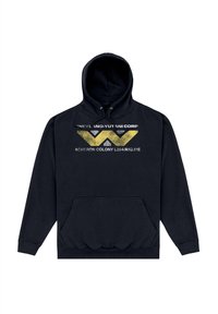 Černá mikina s kapucí s přední kapsou, šňůrkami a grafickým potiskem v šedé a žluté barvě s nápisy "Weyland-Yutani Corp" a "Acheron Colony".