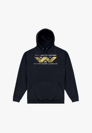 Felpa nera con cappuccio, dotata di tasca frontale, coulisse e stampa grafica in grigio e giallo con i testi "Weyland-Yutani Corp" e "Acheron Colony".