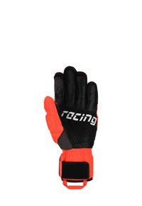 Sorte og orange handsker med tekstureret greb, der har en Velcro-rem, meshstof og et markant "racing" logo på bagsiden.