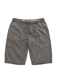 Shorts gris en tissu léger, dotés d'une taille élastique avec cordon de serrage, de poches latérales et d'une coupe droite.
