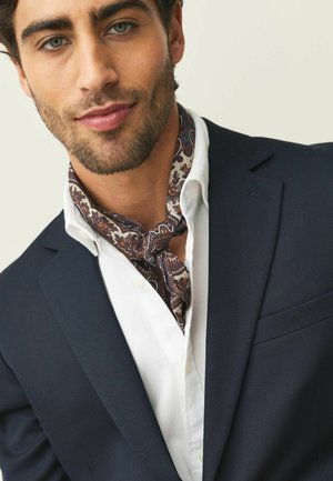 Mann mit kurzem Bart, der einen marineblauen Blazer, ein weißes Hemd und ein braunes Paisley-Halstuch trägt und leicht lächelt vor hellem Hintergrund.