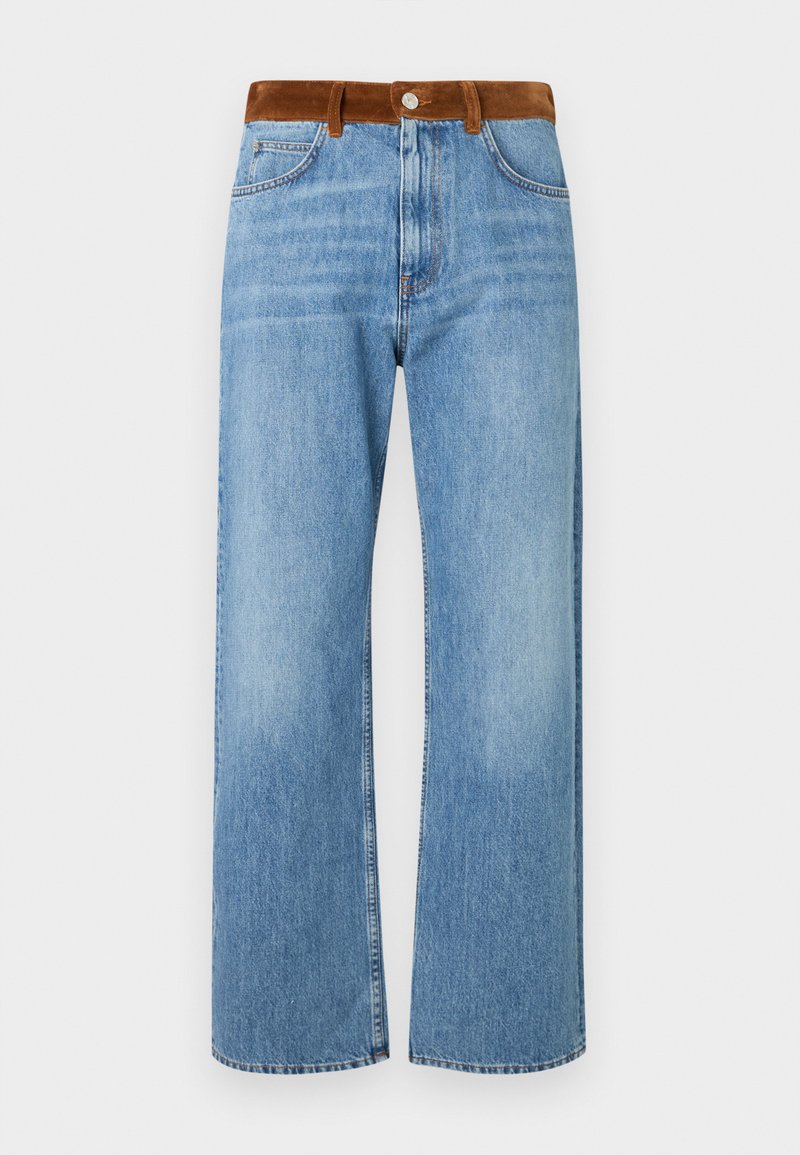 Light blue denim jeans with a straight leg design, featuring a brown suede waistband, front pockets, and a zip fly closure.