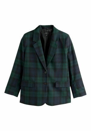 Grün und marineblau kariertes Blazer mit Ein-Knopf-Verschluss, Revers und zwei vorderen Taschen. Hergestellt aus einem glatten Stoff.