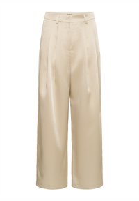 Beige vida byxor i slät tyg, med veck, midjeband och rak passform, utan synliga fickor eller mönster.