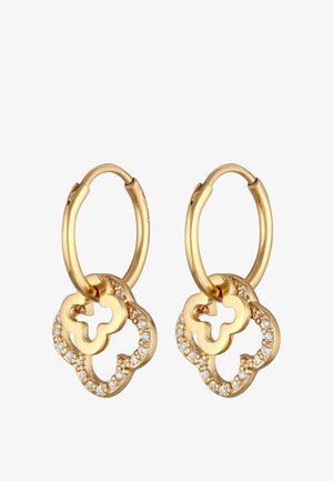 Cercei din aur cu un design floral, prezentând o margine texturată decorată cu pietre strălucitoare clare. Forme rotunde și finisaj lucios.