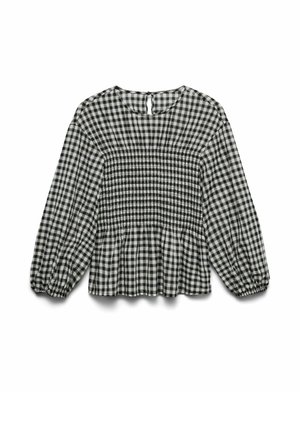 Černobílá kostkovaná halenka s dlouhými rukávy, s našitou střední částí, kulatým výstřihem, zapínáním na knoflík na zádech a elastickými manžetami.