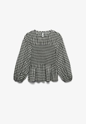 Černobílá kostkovaná halenka s dlouhými rukávy, s našitou střední částí, kulatým výstřihem, zapínáním na knoflík na zádech a elastickými manžetami.