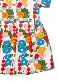 Baumwollkleid mit einem Blumenmuster in Rot-, Blau-, Gelb- und Grüntönen. Mit Knöpfen und seitlichen Taschen für zusätzliche Details.