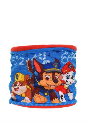 Blue and red neck warmer featuring three cartoon puppies in rescue uniforms from an animated children's show against a blue background.