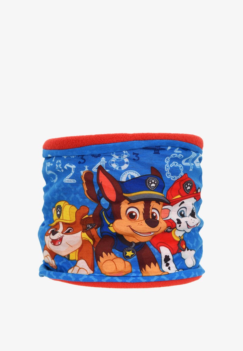 Niebiesko-czerwony komin na szyję z trzema kreskówkowymi szczeniakami w mundurkach ratowników z animowanego serialu dla dzieci na niebieskim tle.