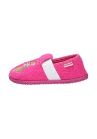 Roze vilten slipper met witte elastische band, voorzien van een paardenborduursel op de teen en een gestructureerde rubberen zool voor grip.
