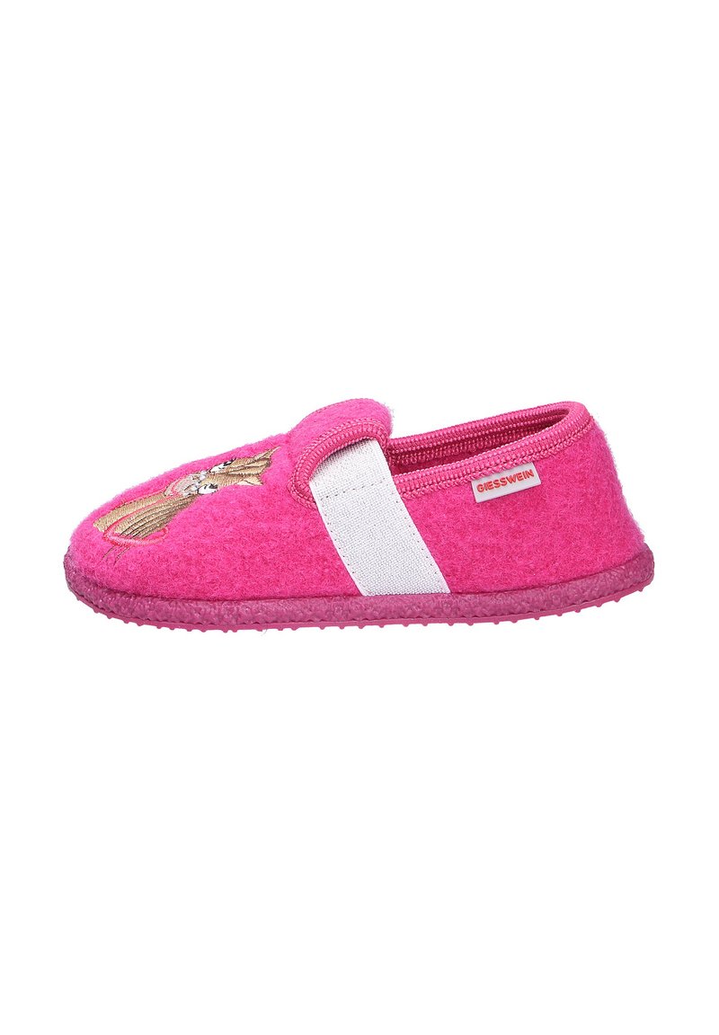 Roze vilten slipper met witte elastische band, voorzien van een paardenborduursel op de teen en een gestructureerde rubberen zool voor grip.