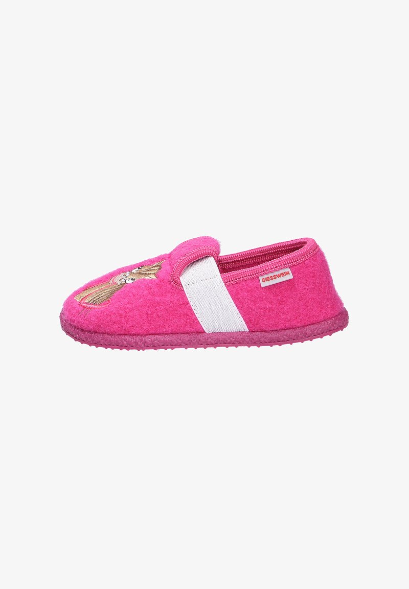 Roze vilten slipper met witte elastische band, voorzien van een paardenborduursel op de teen en een gestructureerde rubberen zool voor grip.
