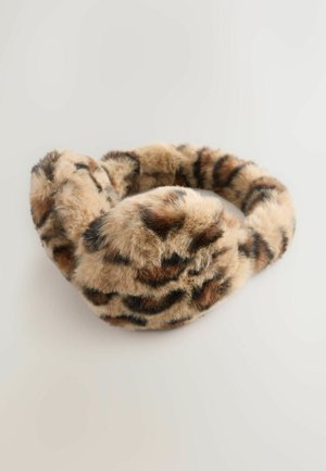 Mākslīgo kažoku galvas josla ar leoparda rakstu, ar mīkstu tekstūru bēšos un brūnos toņos. Apaļa, mīkstināta forma.