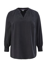Blouse noire à manches longues avec fente en V, encolure froncée, poignets froncés et coupe décontractée.