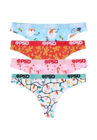 Quattro paia di biancheria intima femminile con fantasie natalizie diverse, realizzate in cotone e con elastici in vita di vari colori.